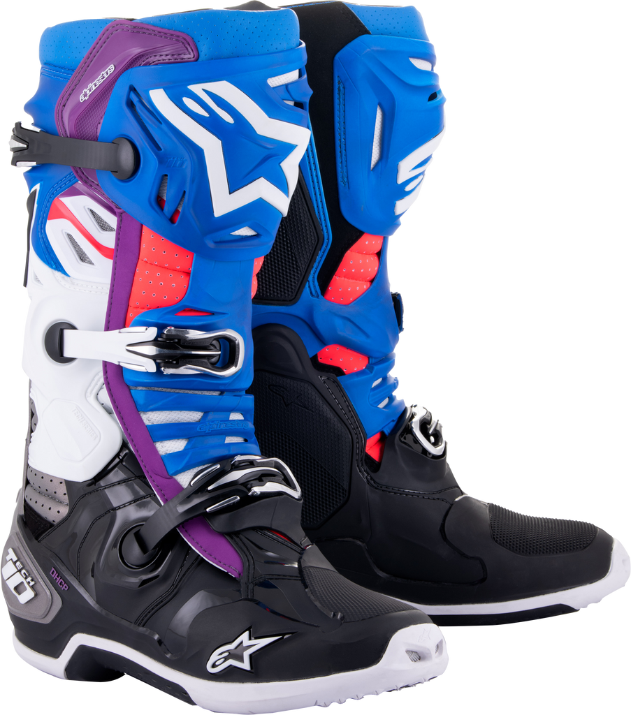 Alpine Star Tech 10 Supervented motorcycle boots in black, enamel blue, purple, and white, size 10, showing vented design and sturdy construction.
