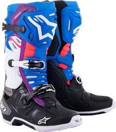 Alpine Star Tech 10 Supervented motorcycle boots in black and enamel blue with purple and white accents, size 13, featuring vents for airflow.