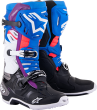 Load image into Gallery viewer, Alpine Star Tech 10 Supervented motorcycle boots in black, enamel blue, purple, and white, size 12, with protective design and ventilation features.