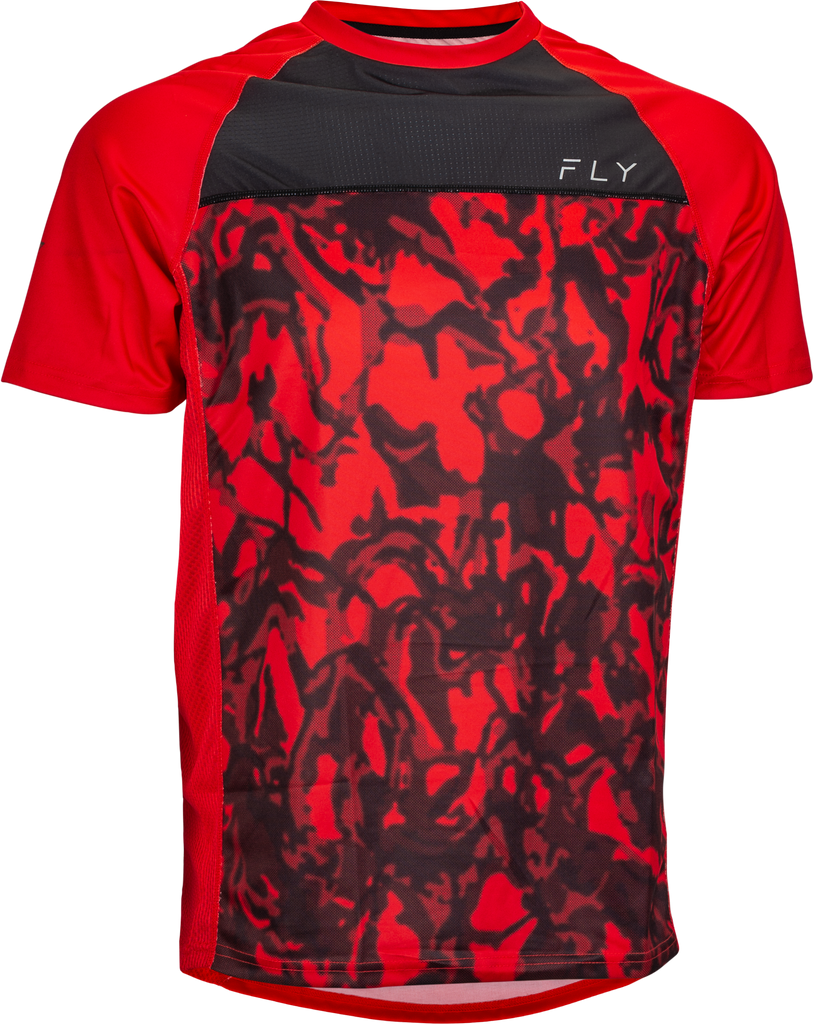 Fly Racing Super D jersey in red camo and black, lightweight motocross jersey with long sleeves and bold camo pattern.
