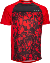 Load image into Gallery viewer, Fly Racing Super D jersey in red camo and black, lightweight motocross jersey with long sleeves and bold camo pattern.