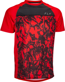 Fly Racing Super D Jersey in red camo and black, front view showing breathable fabric and stylish motocross design.