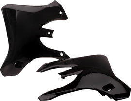 Acerbis black radiator shrouds for motorcycle, featuring a sleek design and durable plastic construction.
