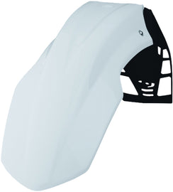 Polisport Plastics Free Flow Ufx front fender in white, designed for off-road motorcycles, shown on a dirt bike.