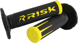 Yellow Risk Racing Fusion 2.0 motorcycle grips with textured surface for enhanced grip and control.