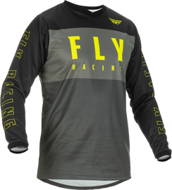 Fly Racing F-16 grey, black, and hi-vis motocross jersey, medium size, lightweight and breathable riding apparel.