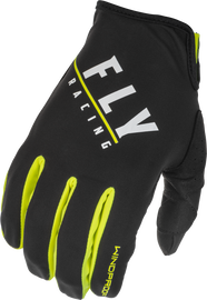 Fly Racing windproof gloves in black and hi-vis, size 13, showing the durable fabric and secure wrist closure.