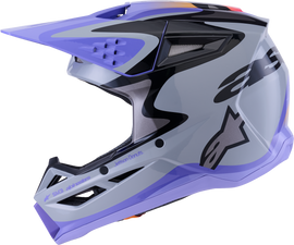 Alpine Star Jettson SM3 youth helmet in gray, purple, and black glossy finish with aerodynamic design and ventilation vents.