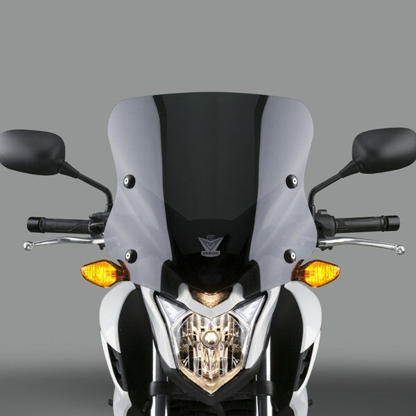 National Cycle Vstream dark tint windshield for motorcycle, with curved design and mounting points visible.