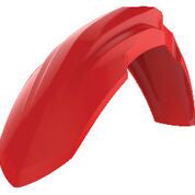 Red Polisport Plastics front fender for Honda CRF250 motorcycle, showcasing its durable plastic construction and vibrant color.