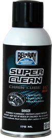 Bel-Ray Super Clean Chain Lube in 175ml container, featuring a spray nozzle for motorcycle or bike chain lubrication.