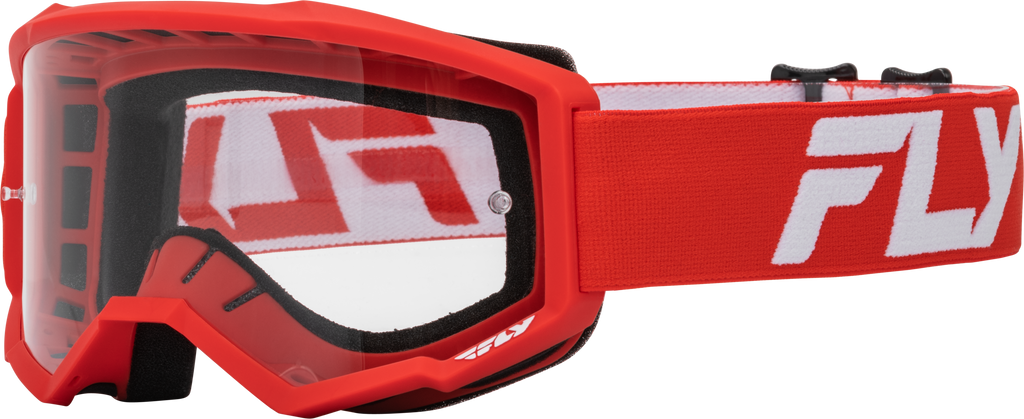 Fly Racing Youth Focus goggle with red and white frame and clear lens, designed for motocross or off-road riding.
