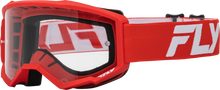 Load image into Gallery viewer, Fly Racing Youth Focus goggle with red and white frame and clear lens, designed for motocross or off-road riding.