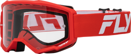 Fly Racing Youth Focus goggle with red and white frame and clear lens, designed for motocross or off-road riding.