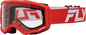 Fly Racing Youth Focus goggle with red and white frame and clear lens, designed for motocross or off-road riding.