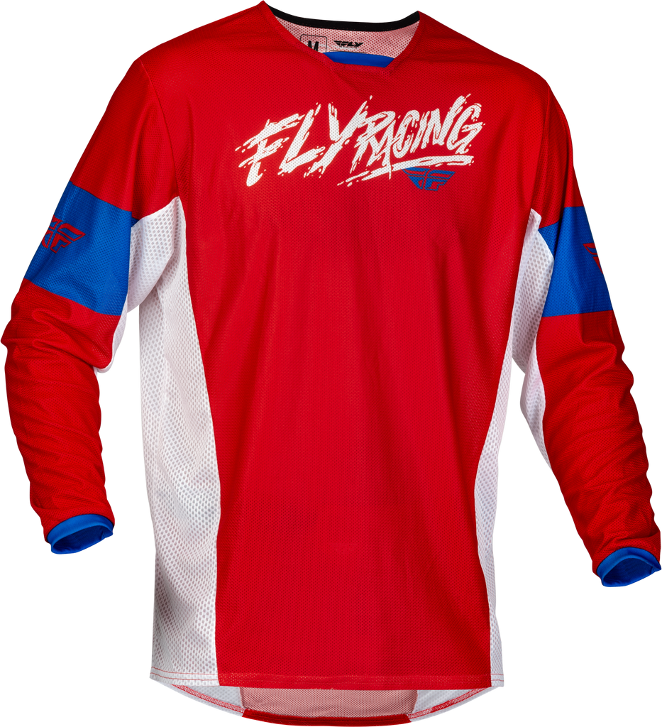 Fly Racing Youth Kinetic Mesh Khaos Jersey in red, white, and blue with breathable mesh fabric and vibrant motocross design.