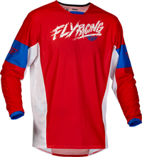 Load image into Gallery viewer, Fly Racing Youth Kinetic Mesh Khaos Jersey in red, white, and blue with breathable mesh fabric and vibrant motocross design.