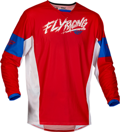 Fly Racing Youth Kinetic Mesh Khaos Jersey in red, white, and blue with breathable mesh fabric and vibrant motocross design.