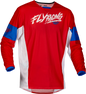 Fly Racing Youth Kinetic Mesh Khaos Jersey in red, white, and blue with breathable mesh fabric and vibrant motocross design.