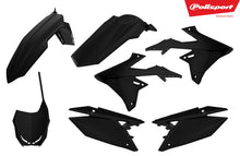 Load image into Gallery viewer, Polisport Plastics black plastic body kit for motorcycles, showing various panels and parts on a plain background.
