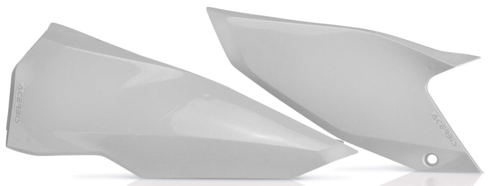Acerbis white side panels for motorcycle, showing sleek design and mounting points for easy installation.