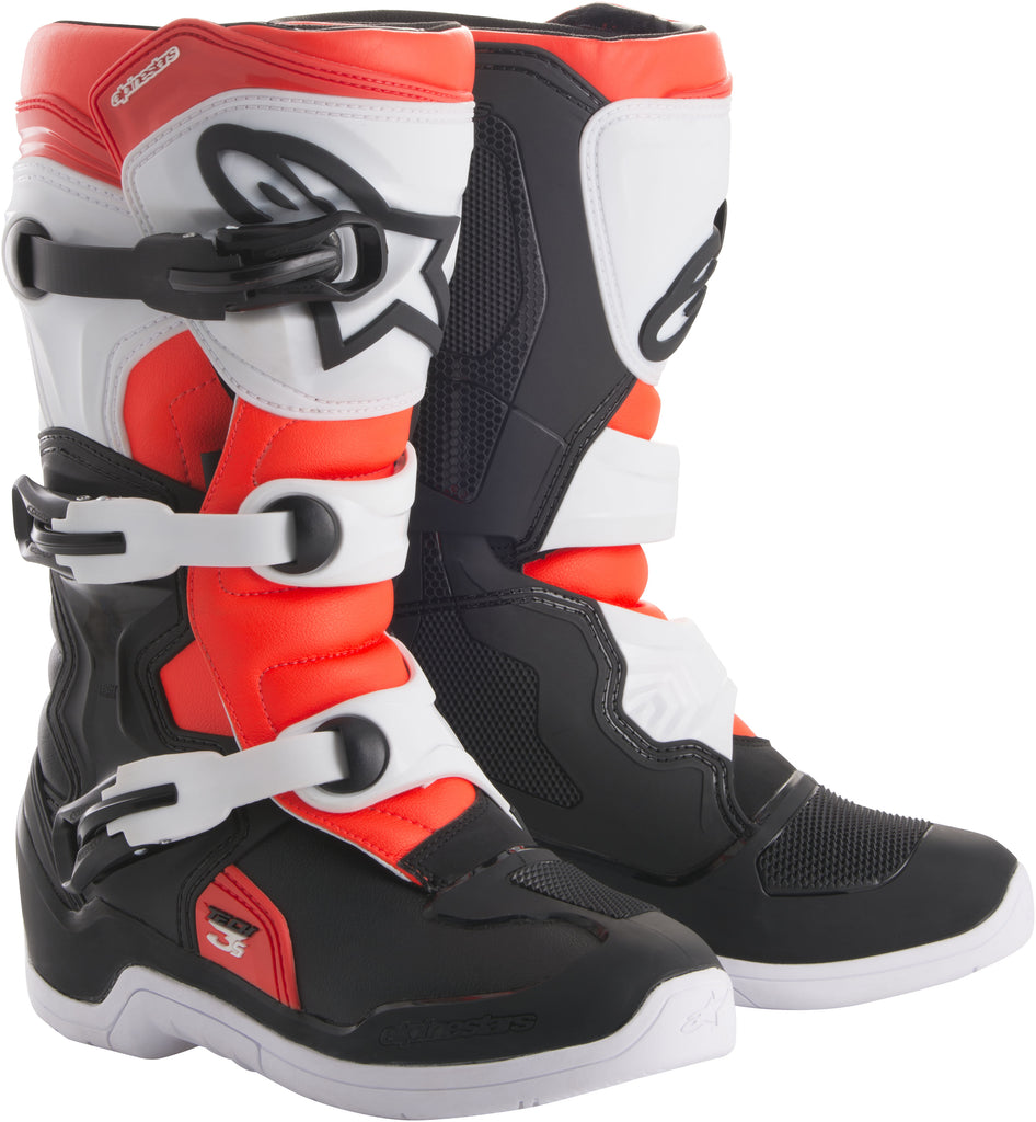 Alpine Star Tech 3s motorcycle boots in black, white, and red, size 8, showcasing protective design and sporty style.