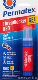 Permatex Threadlocker Red Gel 10g container showing the red gel adhesive for locking and sealing threaded fasteners.