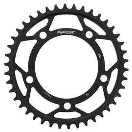Supersprox steel rear sprocket with 42-tooth count, black finish, designed for 530 chain bikes, durable motorcycle sprocket.