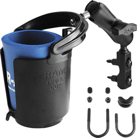 Ram brake and clutch reservoir mount with self-leveling cup holder, accessory designed for vehicle convenience and organization.