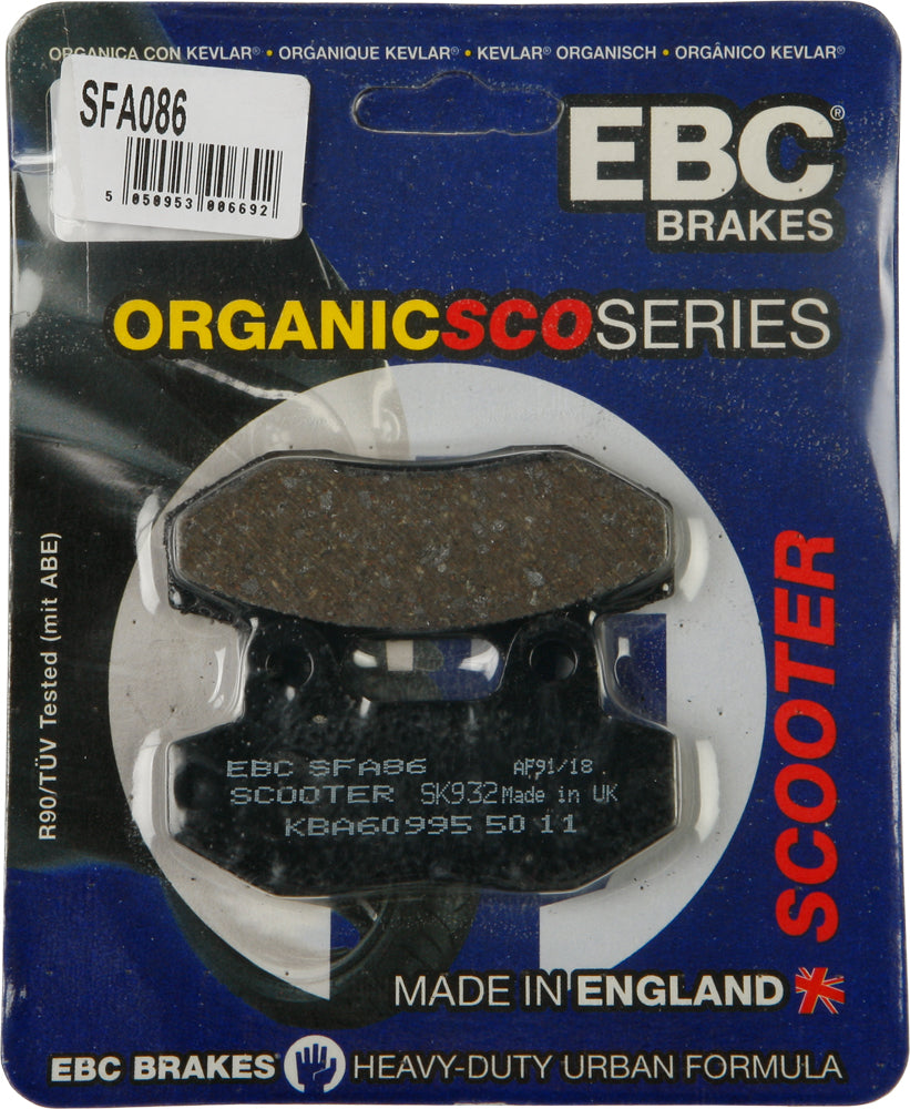 EBC Motorcycle Brakes Sfa86 Organic brake pads with metal backing plates, designed for motorcycle braking systems.