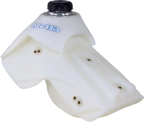 Acerbis 2.7-gallon natural fuel tank for motorcycles, featuring a durable plastic construction and secure mounting points.