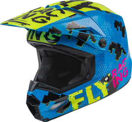 Fly Racing Youth Kinetic Scan Helmet in blue, hi-vis, and pink with ventilation and adjustable straps for young riders.