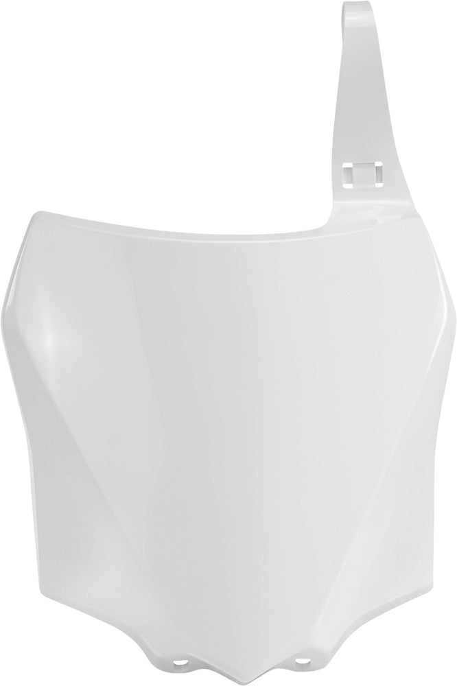 Acerbis white front number plate for motorcycle, featuring the brand logo and mounting holes, on a plain background.