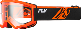 Fly Racing youth Focus motocross goggles in black and orange with clear lens, featuring adjustable strap and foam padding.