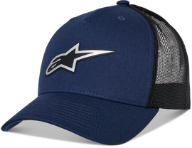 Alpine Star Reflect Ageless Trucker Hat in navy and black with mesh back and curved brim, casual outdoor style.