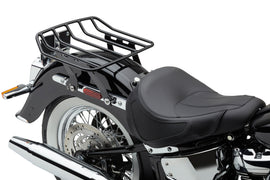 Black Cobra Detach Big-A luggage rack for Flhc 18-25 motorcycle, featuring sturdy metal construction and adjustable support.