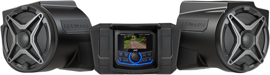 SSV Works 2 speaker kit with JVC controller, mounted on a vehicle dashboard, showcasing audio components and wiring.