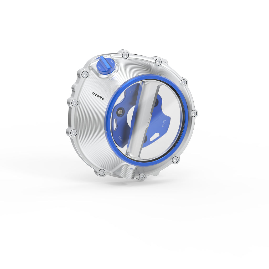 RIZOMA silver and blue clutch cover guard for BMW motorcycle, showcasing metallic finish and precise fitment details.