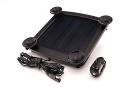 Battery Tender 5 Watt solar panel with handlebar mount for batteries, compact and portable for outdoor charging.