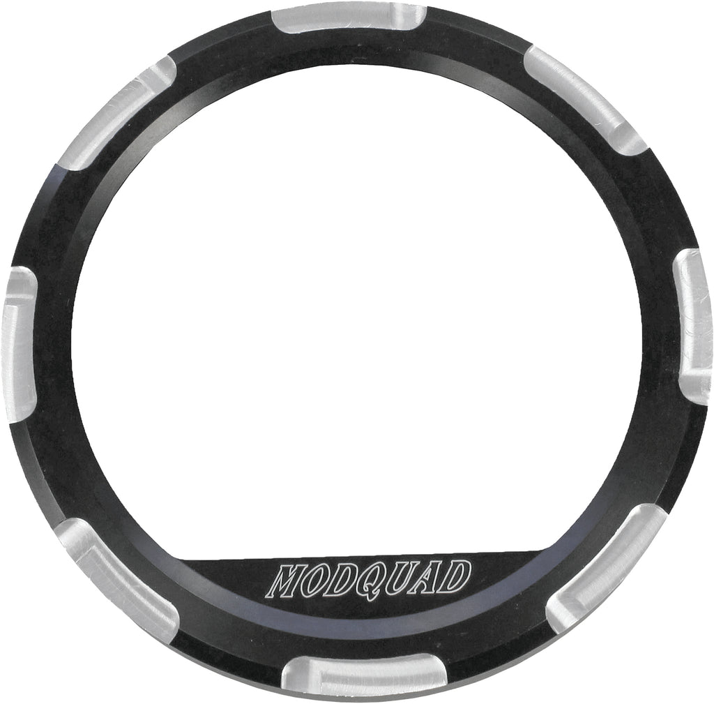 Black ModQuad gauge bezel for Rzr, designed for 28-44065 accessory, shown installed on vehicle dashboard in close-up view.