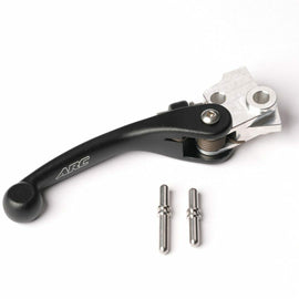 ARC aluminum brake lever 56-00221 with ergonomic design, shown mounted on a motorcycle handlebar.