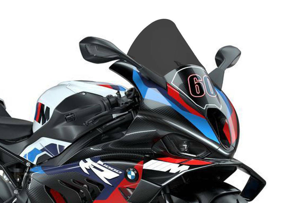 PUIG R-Racer dark smoke motorcycle windscreen for BMW, shown installed on bike with tinted, aerodynamic design and mounting hardware.
