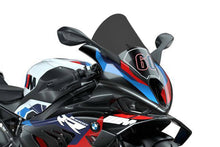 Load image into Gallery viewer, PUIG R-Racer dark smoke motorcycle windscreen for BMW, shown installed on bike with tinted, aerodynamic design and mounting hardware.