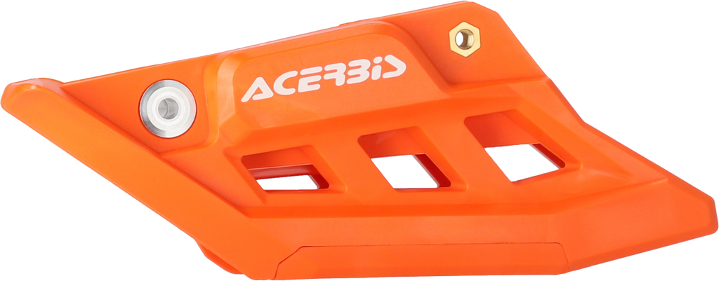 Acerbis orange KTM drive chain guide block with mounting bracket, designed for motorcycle drivetrain protection.