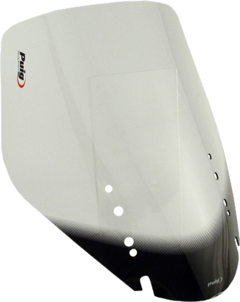 PUIG touring smoke windshield for motorcycle, clear windscreen with tinted smoke finish, durable and aerodynamic design.