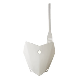 Polisport Plastics white number plate for KLX110 dirt bike, made of durable plastic with mounting holes.