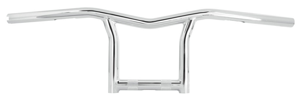 Chrome Burly Brand Sid 10-inch handlebars with 1-inch diameter tubing, featuring a sleek, curved design for motorcycle riding.