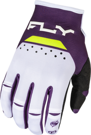 Fly Racing Kinetic Reload gloves in deep purple, white, and hi-vis, large size, showing textured grip and vibrant color details.