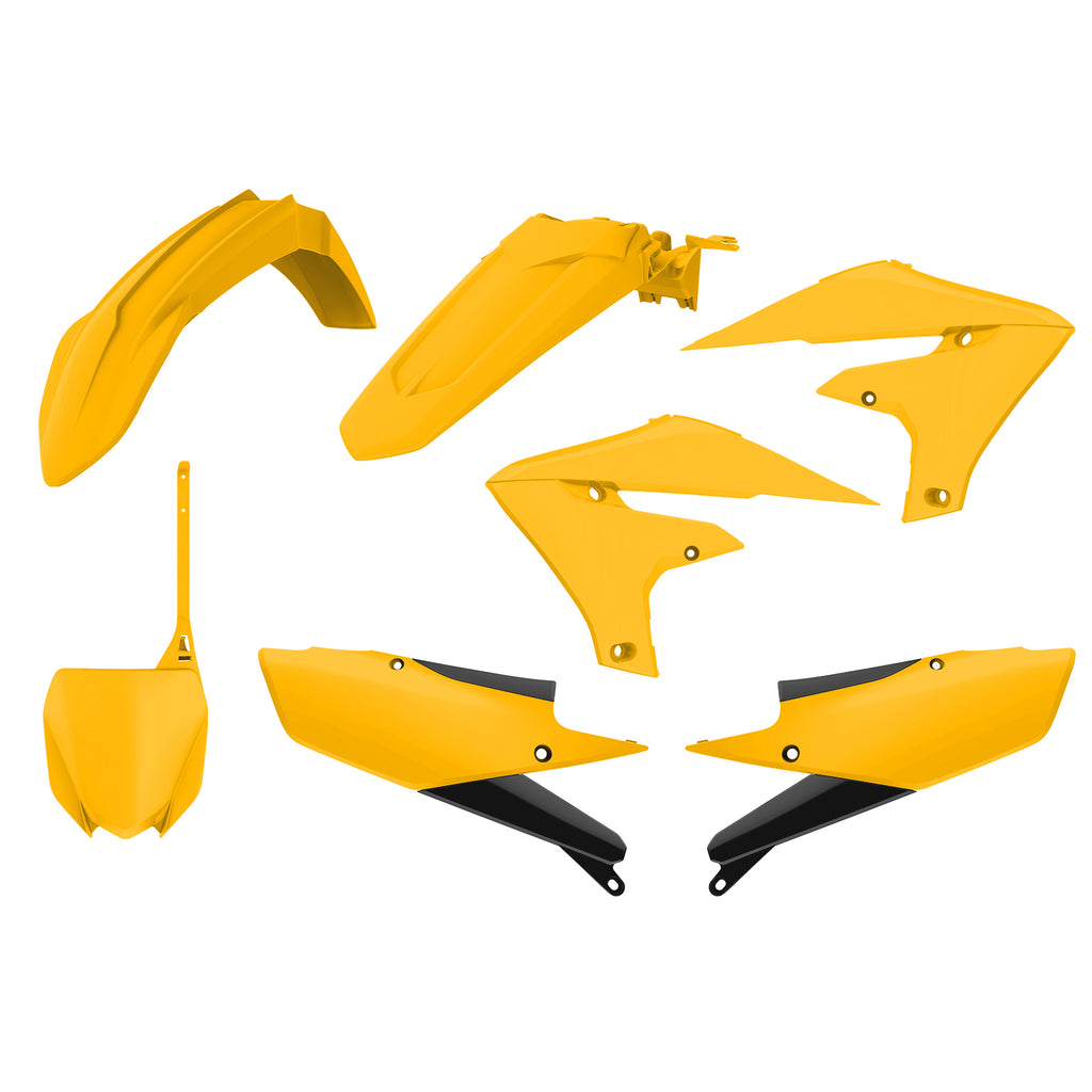 Polisport Plastics MX complete body kit in bright yellow, includes various plastic panels for motocross bike customization.