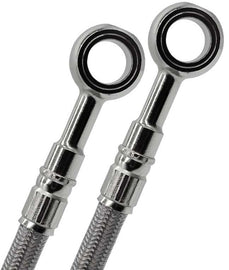 GALFER steel rear brake line for Kawasaki street motorcycle, shown installed on the bike with detailed fittings and braided steel texture.
